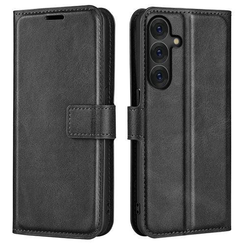 For Samsung Galaxy S25 Stand Case Anti-Scratch Calf Texture Leather Phone Cover - Black - 1