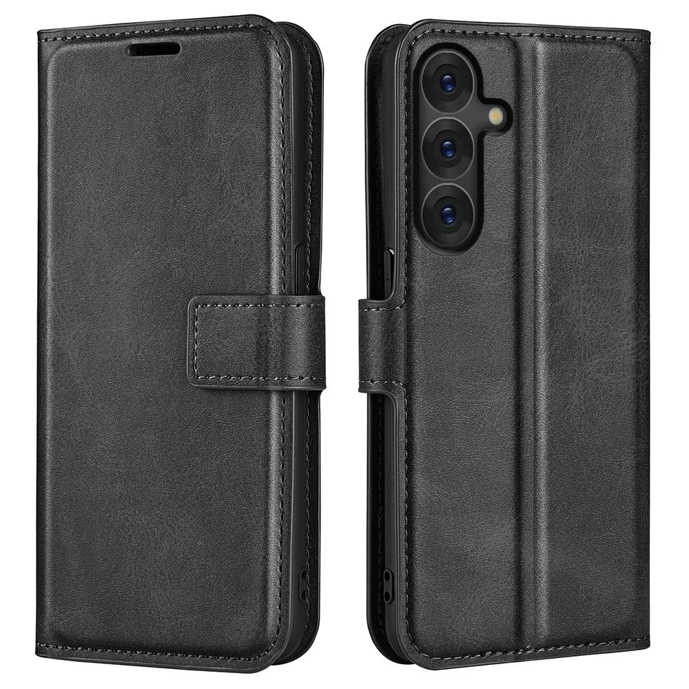 For Samsung Galaxy S25 Stand Case Anti-Scratch Calf Texture Leather Phone Cover - Black - 1