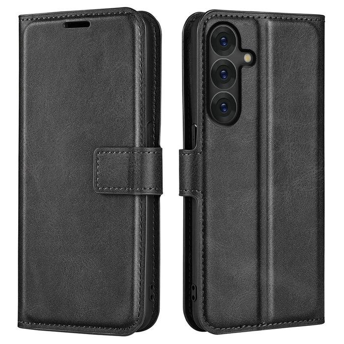 For Samsung Galaxy S25 Stand Case Anti-Scratch Calf Texture Leather Phone Cover - Black - 1
