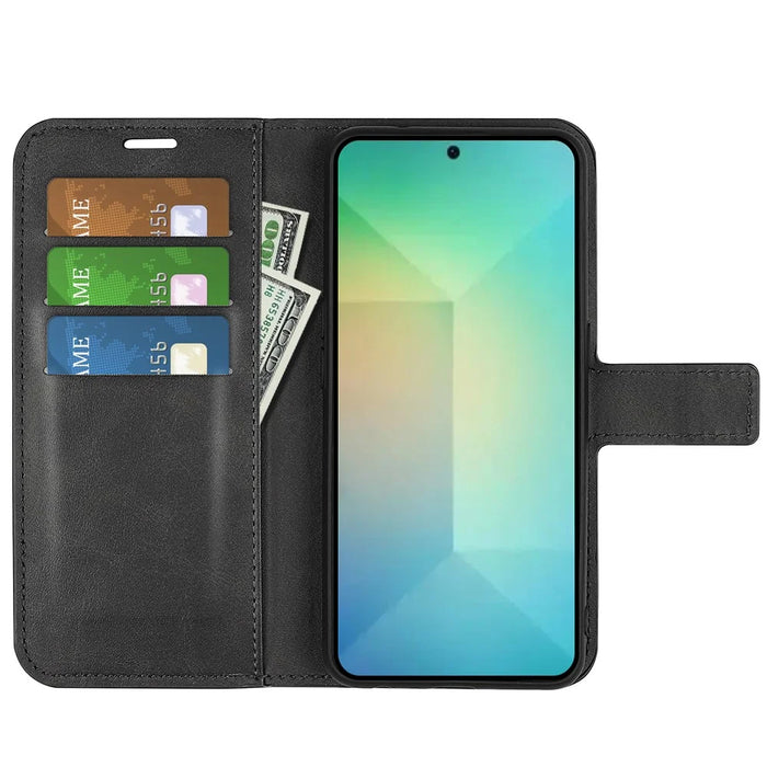 For Samsung Galaxy S25 Stand Case Anti-Scratch Calf Texture Leather Phone Cover - Black - 2