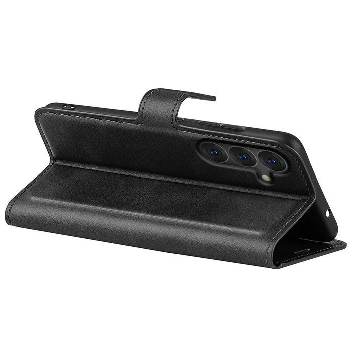 For Samsung Galaxy S25 Stand Case Anti-Scratch Calf Texture Leather Phone Cover - Black - 4