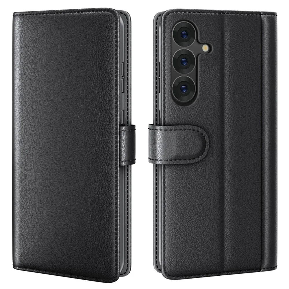 For Samsung Galaxy S25 Case Genuine Split Leather Phone Cover with Wallet Stand - Black - 1