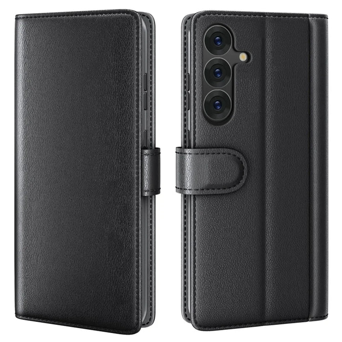 For Samsung Galaxy S25 Case Genuine Split Leather Phone Cover with Wallet Stand - Black - 1