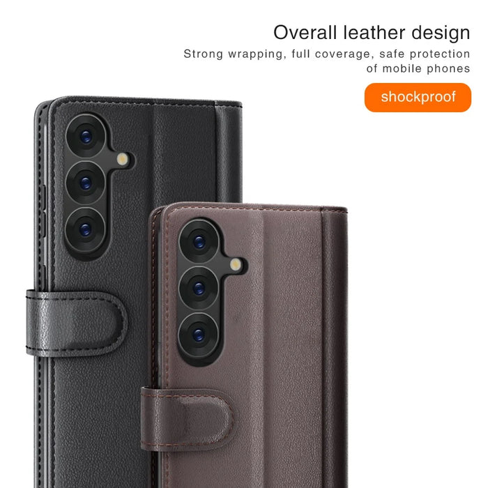 For Samsung Galaxy S25 Case Genuine Split Leather Phone Cover with Wallet Stand - Black - 5