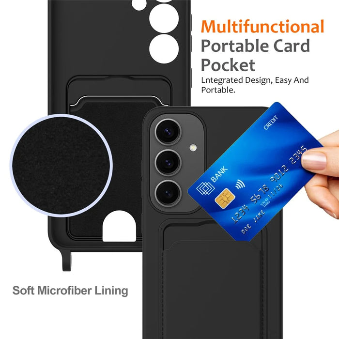 For Samsung Galaxy S25+ Case Liquid Silicone Card Holder Phone Back Cover with Lanyard - Black - 5