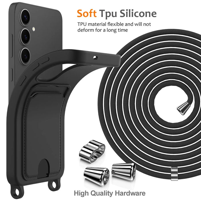 For Samsung Galaxy S25+ Case Liquid Silicone Card Holder Phone Back Cover with Lanyard - Black - 7