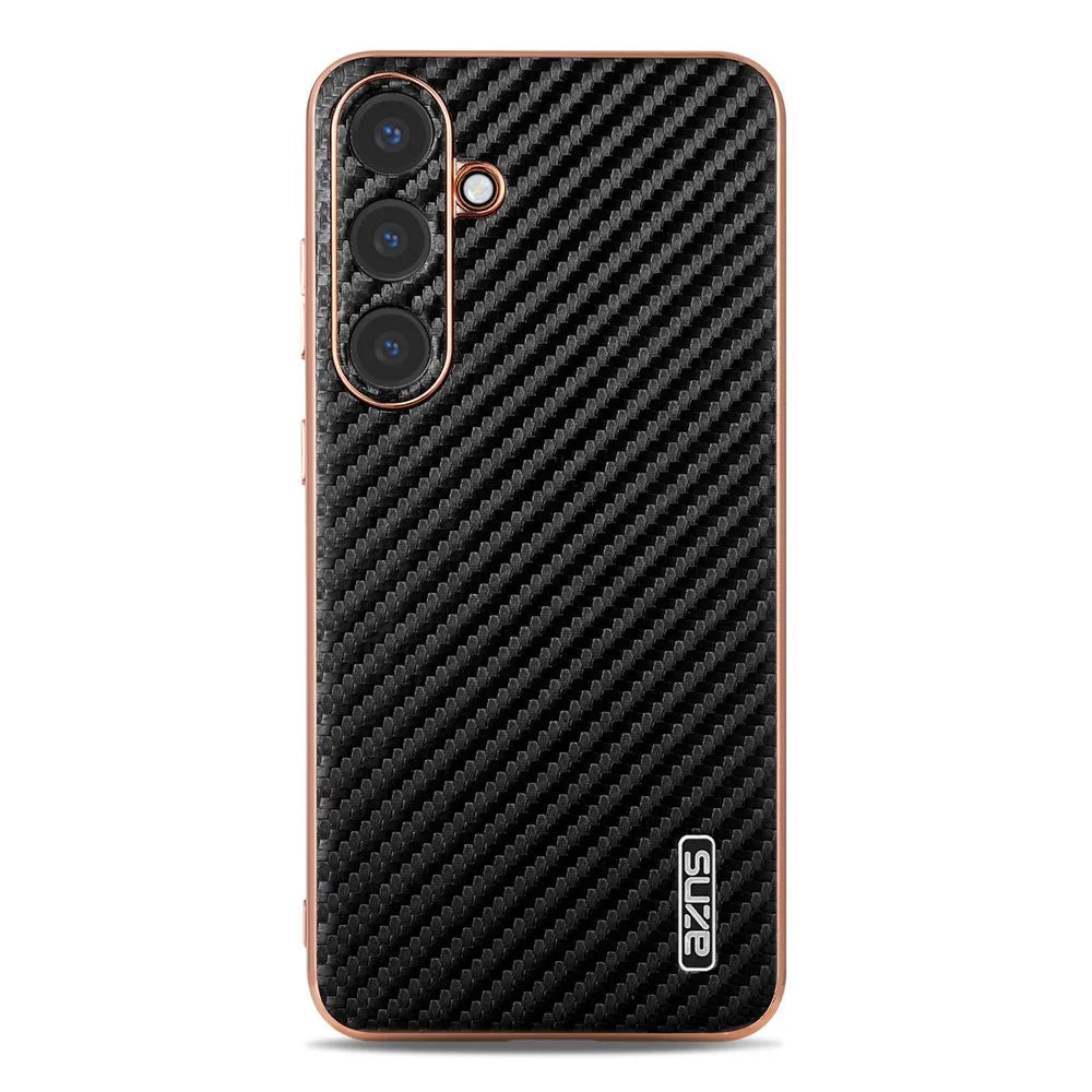AZNS For Samsung Galaxy S25 Case Electroplating Carbon Fiber Texture PU+TPU Phone Cover - Black - 2