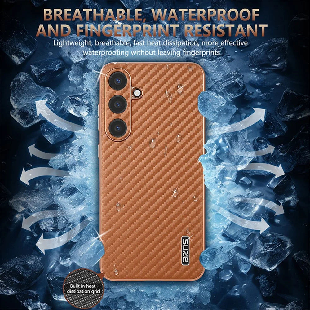 AZNS For Samsung Galaxy S25 Case Electroplating Carbon Fiber Texture PU+TPU Phone Cover - Black - 7
