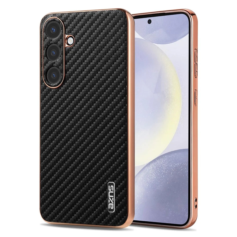 AZNS For Samsung Galaxy S25+ Case Electroplating Carbon Fiber Texture PU+TPU Phone Cover - Black - 1