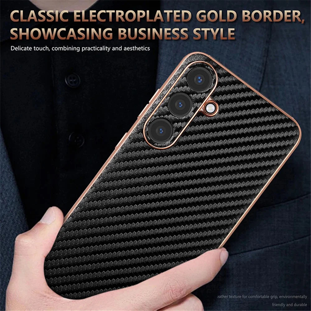 AZNS For Samsung Galaxy S25+ Case Electroplating Carbon Fiber Texture PU+TPU Phone Cover - Black - 5