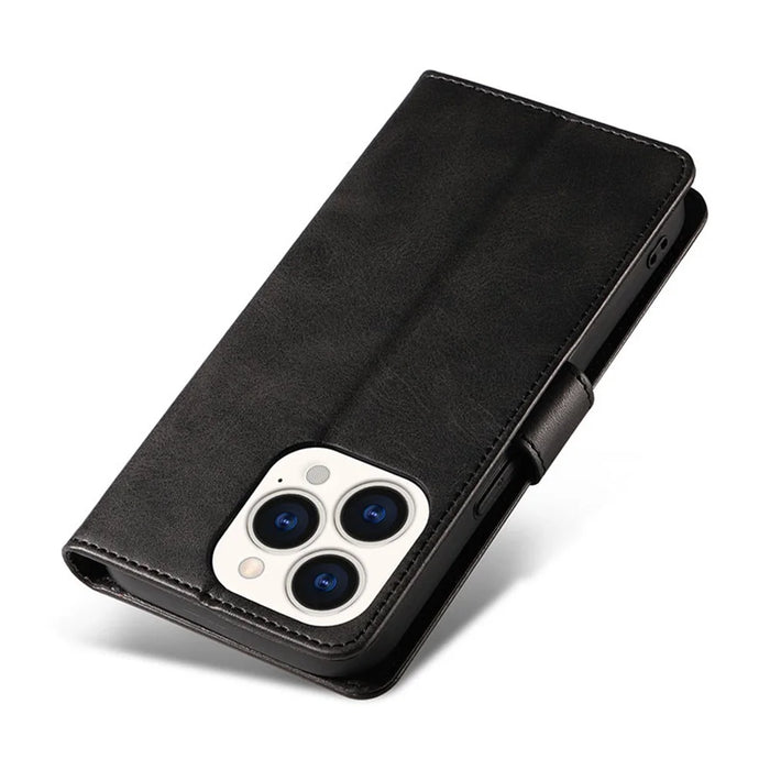 For iPhone 16 Pro Case Calf Texture Magnetic Clasp Wallet PU Leather Phone Cover - Black - 7