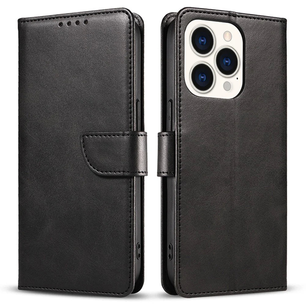 For iPhone 16 Pro Max Case Calf Texture Magnetic Clasp Wallet PU Leather Phone Cover - Black - 1