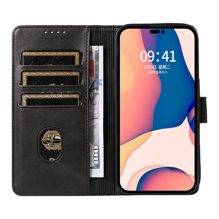 For iPhone 16 Pro Max Case Calf Texture Magnetic Clasp Wallet PU Leather Phone Cover - Black - 2
