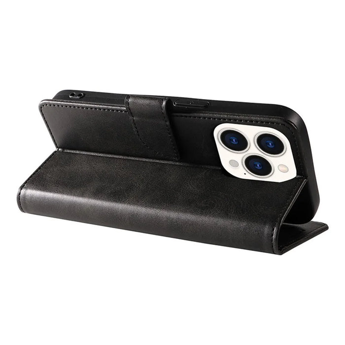 For iPhone 16 Pro Max Case Calf Texture Magnetic Clasp Wallet PU Leather Phone Cover - Black - 4
