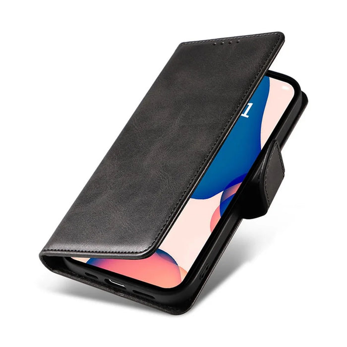 For iPhone 16 Pro Max Case Calf Texture Magnetic Clasp Wallet PU Leather Phone Cover - Black - 6