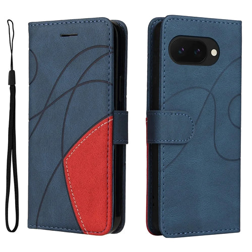 For Google Pixel 9a Leather Case Wallet Stand Color Splicing Phone Cover  - Blue - 1