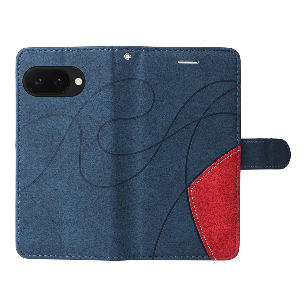 For Google Pixel 9a Leather Case Wallet Stand Color Splicing Phone Cover  - Blue - 4