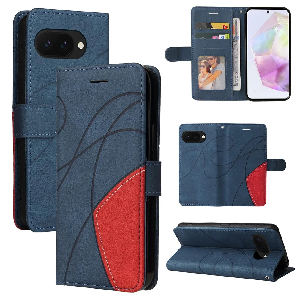 For Google Pixel 9a Leather Case Wallet Stand Color Splicing Phone Cover  - Blue - 6