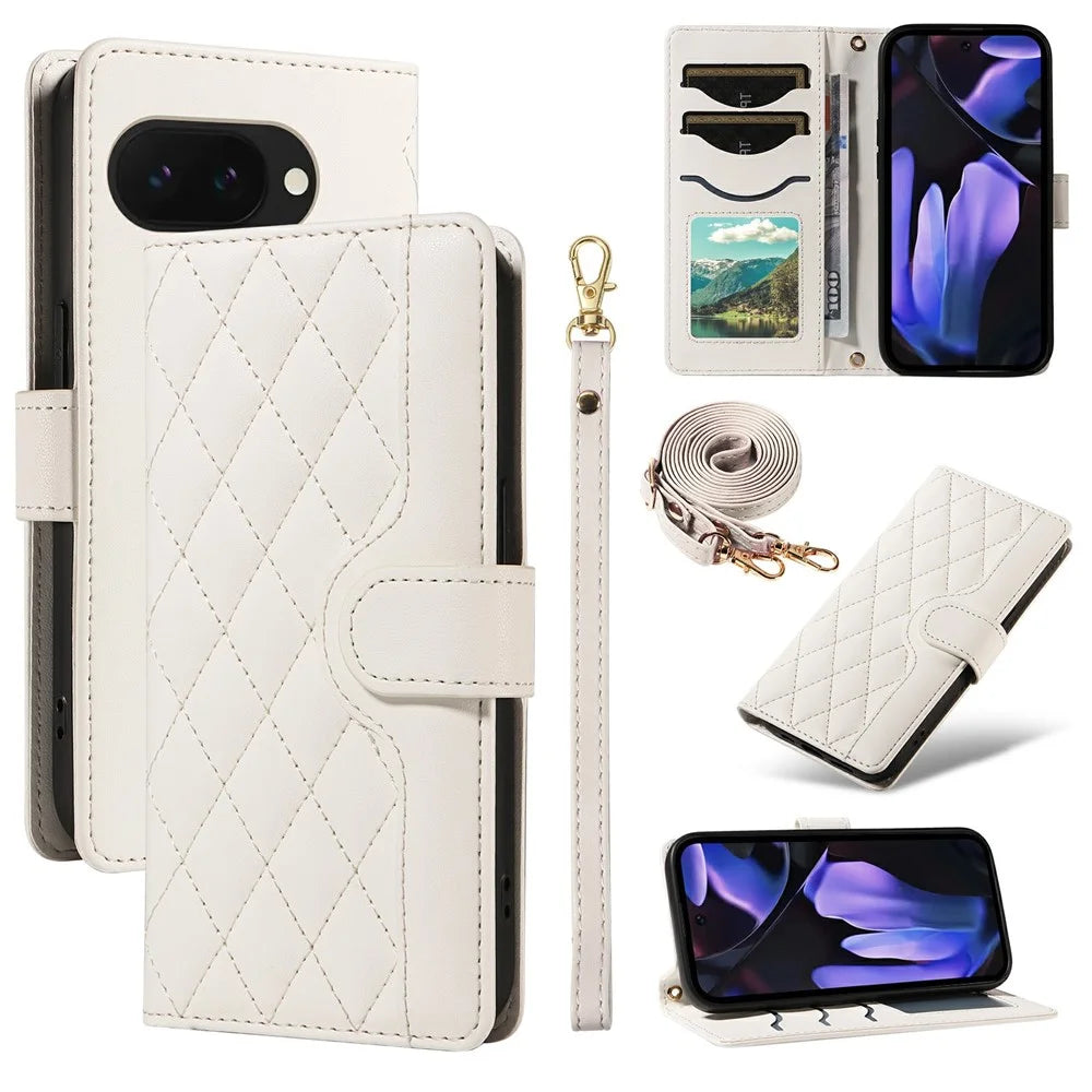 For Google Pixel 9a Wallet Case Rhombus Leather Phone Cover with Shoulder Strap, Wrist Strap - White - 1