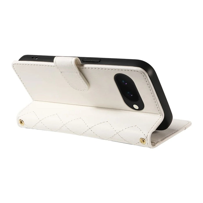 For Google Pixel 9a Wallet Case Rhombus Leather Phone Cover with Shoulder Strap, Wrist Strap - White - 4