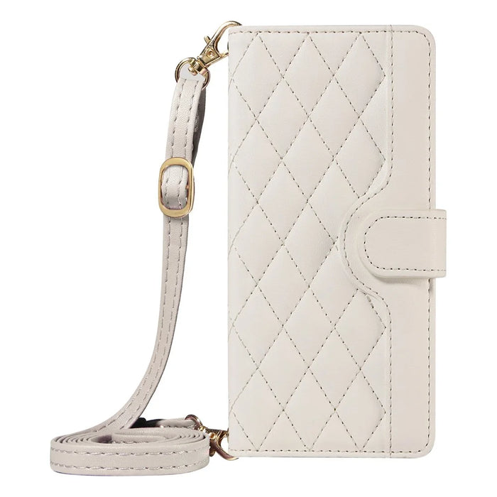 For Google Pixel 9a Wallet Case Rhombus Leather Phone Cover with Shoulder Strap, Wrist Strap - White - 5