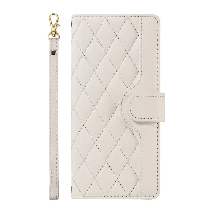 For Google Pixel 9a Wallet Case Rhombus Leather Phone Cover with Shoulder Strap, Wrist Strap - White - 6