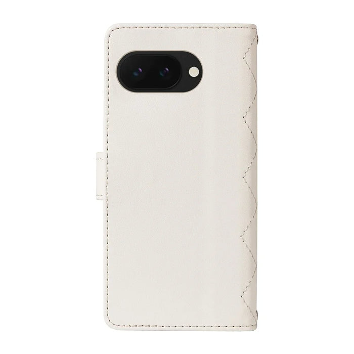 For Google Pixel 9a Wallet Case Rhombus Leather Phone Cover with Shoulder Strap, Wrist Strap - White - 7