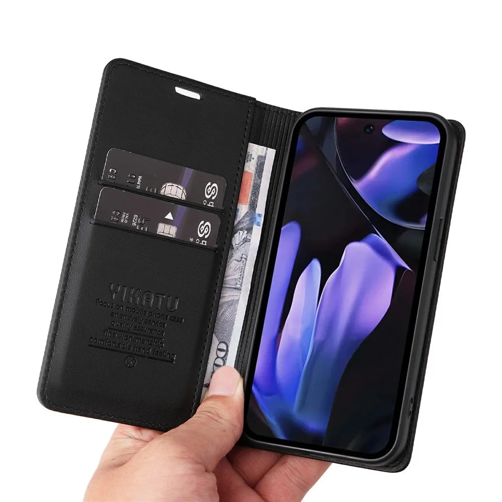 YIKATU YK-001 For Google Pixel 9a Case Stand Leather Phone Cover Strong Magnetic Closure - Black - 6