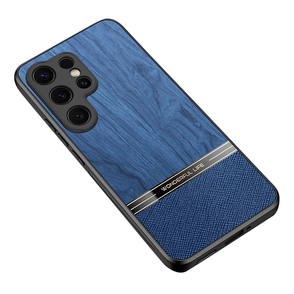 For Samsung Galaxy S25 Ultra Case Wood Texture Leather Coated TPU Phone Protective Cover - Blue - 1