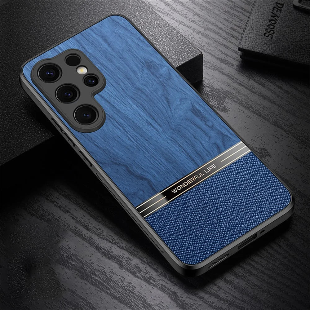 For Samsung Galaxy S25 Ultra Case Wood Texture Leather Coated TPU Phone Protective Cover - Blue - 2