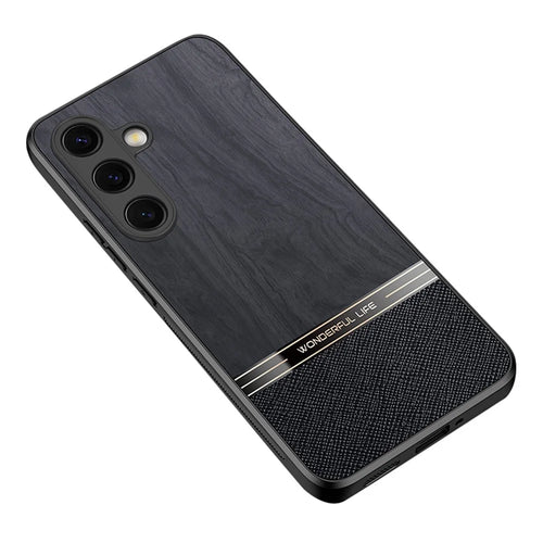 For Samsung Galaxy S25 Case Wood Texture Leather Coated TPU Phone Protective Cover - Black - 1