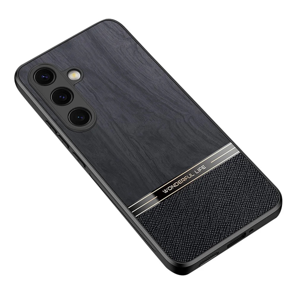For Samsung Galaxy S25 Case Wood Texture Leather Coated TPU Phone Protective Cover - Black - 1