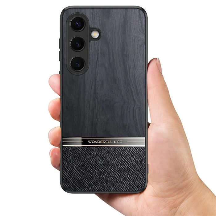 For Samsung Galaxy S25 Case Wood Texture Leather Coated TPU Phone Protective Cover - Black - 2