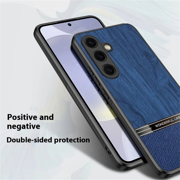 For Samsung Galaxy S25 Case Wood Texture Leather Coated TPU Phone Protective Cover - Black - 7