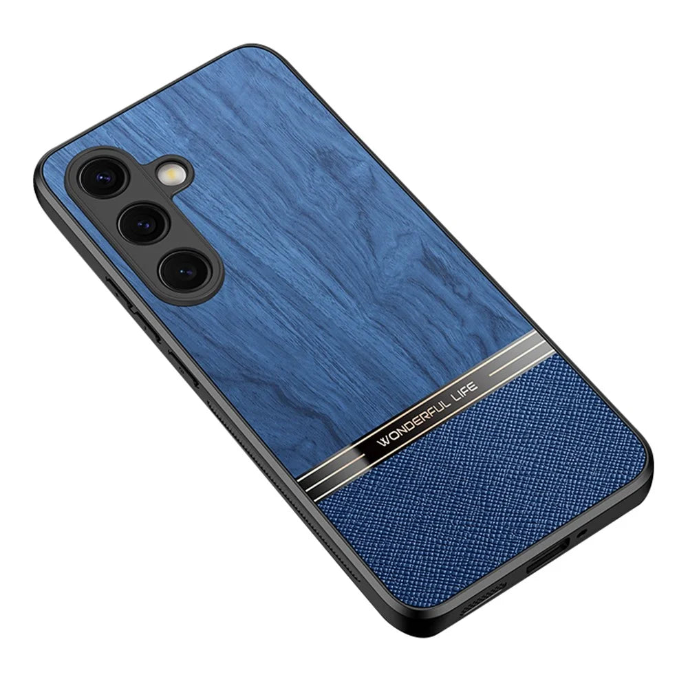 For Samsung Galaxy S25 Case Wood Texture Leather Coated TPU Phone Protective Cover - Blue - 1