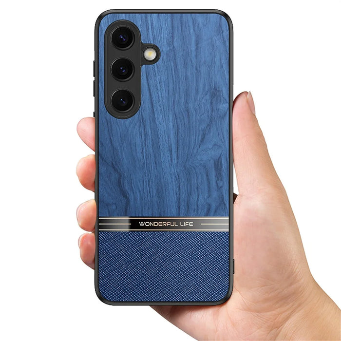 For Samsung Galaxy S25 Case Wood Texture Leather Coated TPU Phone Protective Cover - Blue - 2