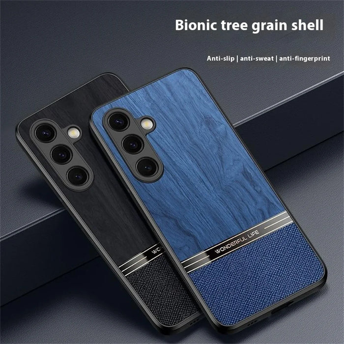 For Samsung Galaxy S25 Case Wood Texture Leather Coated TPU Phone Protective Cover - Blue - 3