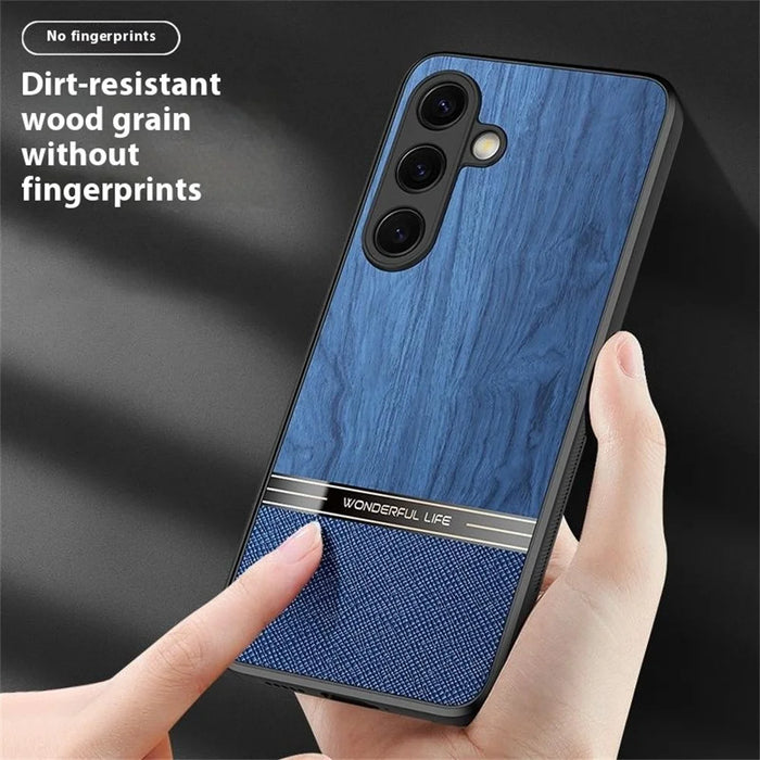 For Samsung Galaxy S25 Case Wood Texture Leather Coated TPU Phone Protective Cover - Blue - 6