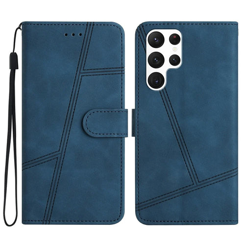 For Samsung Galaxy S25 Ultra Case Flip Leather Retro Phone Cover Lines Imprinted - Blue - 1