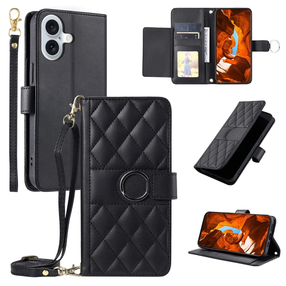 For iPhone 16 Crossbody Leather Case Ring Buckle Wallet Stand Rhombus Mobile Cover - Black - 1