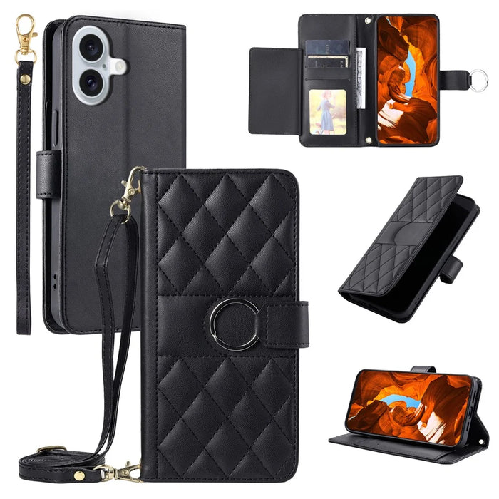 For iPhone 16 Crossbody Leather Case Ring Buckle Wallet Stand Rhombus Mobile Cover - Black - 1