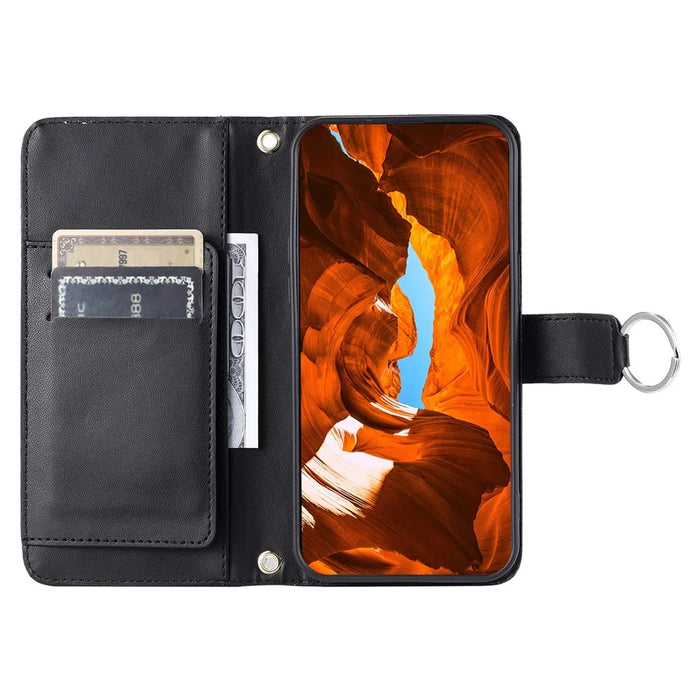 For iPhone 16 Crossbody Leather Case Ring Buckle Wallet Stand Rhombus Mobile Cover - Black - 2