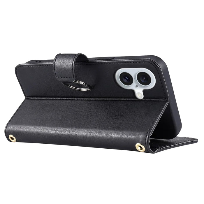 For iPhone 16 Crossbody Leather Case Ring Buckle Wallet Stand Rhombus Mobile Cover - Black - 4
