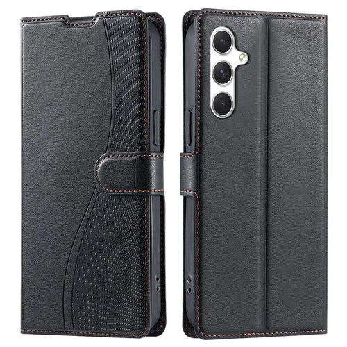 For Samsung Galaxy S25 Case Dots Imprinted PU Leather Flip Phone Cover with Card Slot, Strap - Black - 1