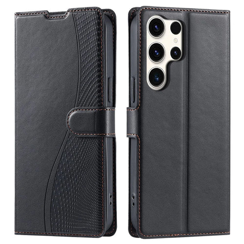 For Samsung Galaxy S25 Ultra Case Dots Imprinted PU Leather Flip Phone Cover with Card Slot, Strap - Black - 1