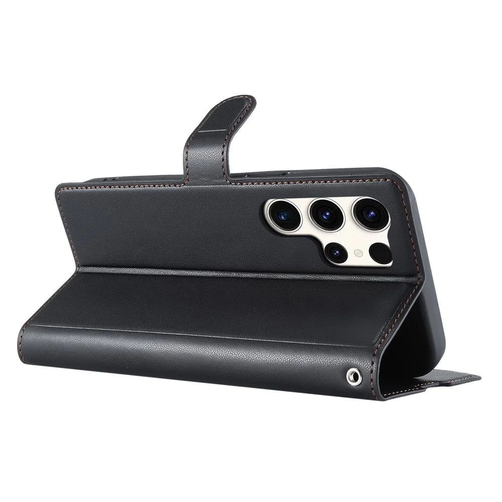 For Samsung Galaxy S25 Ultra Case Dots Imprinted PU Leather Flip Phone Cover with Card Slot, Strap - Black - 4