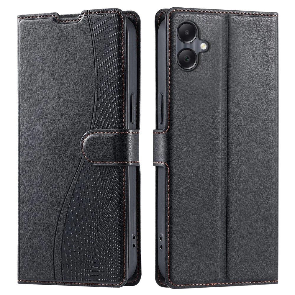 For Samsung Galaxy A06 4G Case Dots Imprinted PU Leather Flip Phone Cover with Card Slot, Strap - Black - 1