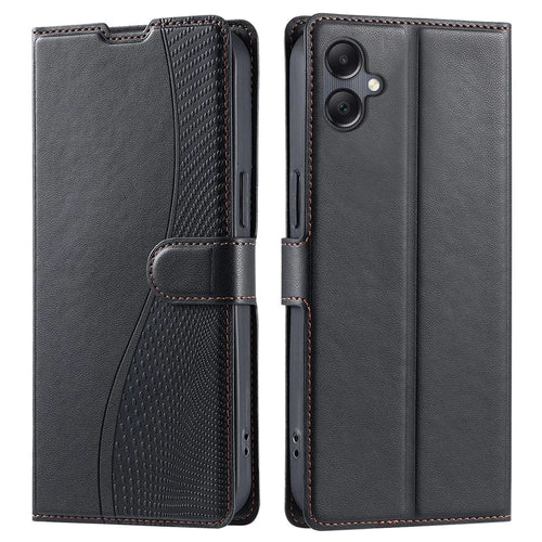 For Samsung Galaxy A06 4G Case Dots Imprinted PU Leather Flip Phone Cover with Card Slot, Strap - Black - 1