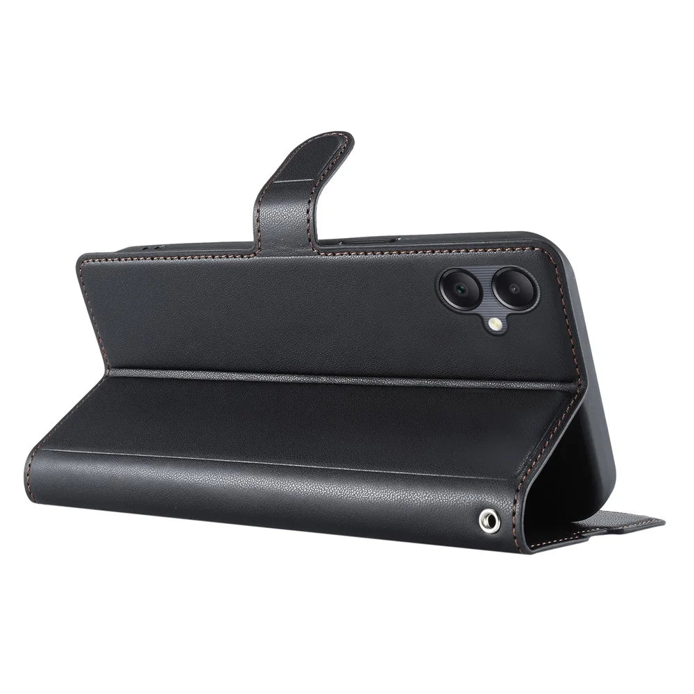 For Samsung Galaxy A06 4G Case Dots Imprinted PU Leather Flip Phone Cover with Card Slot, Strap - Black - 4