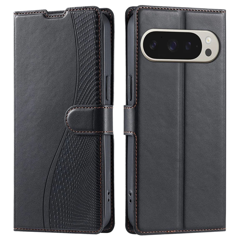 For Google Pixel 9 Pro XL Case Dots Imprinted PU Leather Flip Phone Cover with Card Slot, Strap - Black - 1